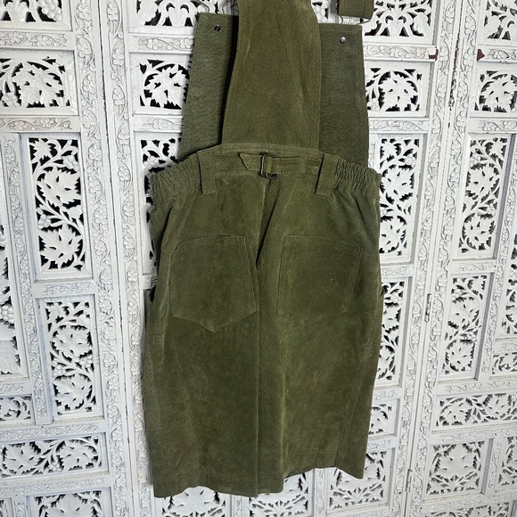 Vintage Don't Stop Genuine Suede Leather Olive Green Khaki Short Overalls Sz XS - Picture 4 of 9